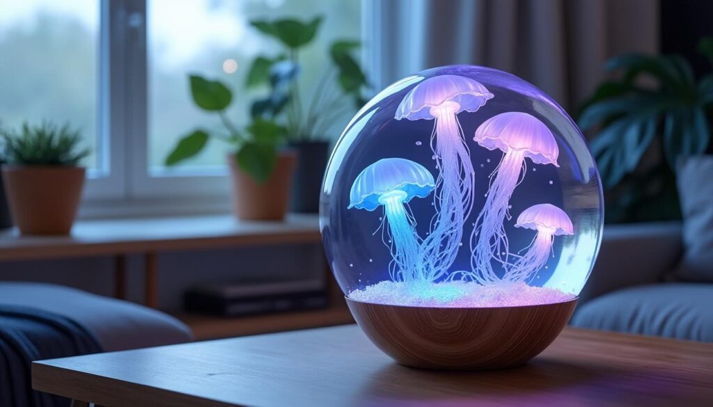 découvrez notre lampe d'ambiance led avec méduses flottantes, idéale pour une décoration apaisante et relaxante qui transforme votre intérieur en un havre de paix.